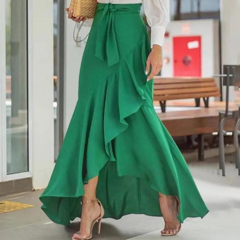 

Women s Plaid Printed A-line Skirts with Ruffled Edges Irregular Hem High Waist Lace-up Casual Checkered Wrapped Casual Party Sweet Long Skirts 5XL зелений