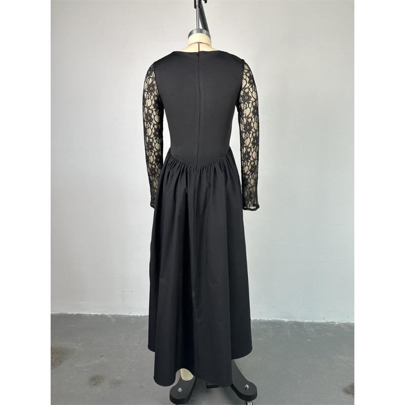 Damenkleid Frühling und Herbst Temperament Quadratischer Ausschnitt Spitze Langärmlig Tailliert Einfarbig Midilänge Kleider