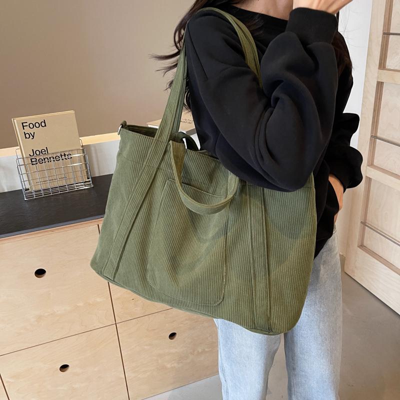 Solid Color Corduroy Bag Women's Large Capacity Shoulder Crossbody Bag Commuter Tote Bag