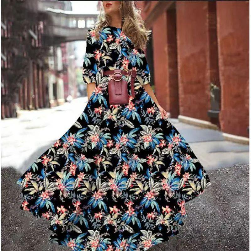 

2025 Spring and Autumn European and American New Cross-Border Amazon Dress Print Big Hemline Temperament Chiffon Floral Slim fit Long dress Black background flower XXXL