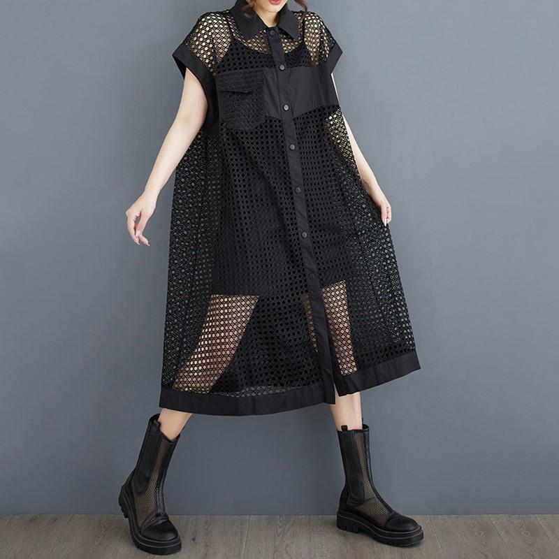 

Без рукавов Большие размеры, сетчатое сексуальное ажурное перспективное новое платье для женщин, повседневное свободное платье миди, длинное летнее платье-рубашка чёрный