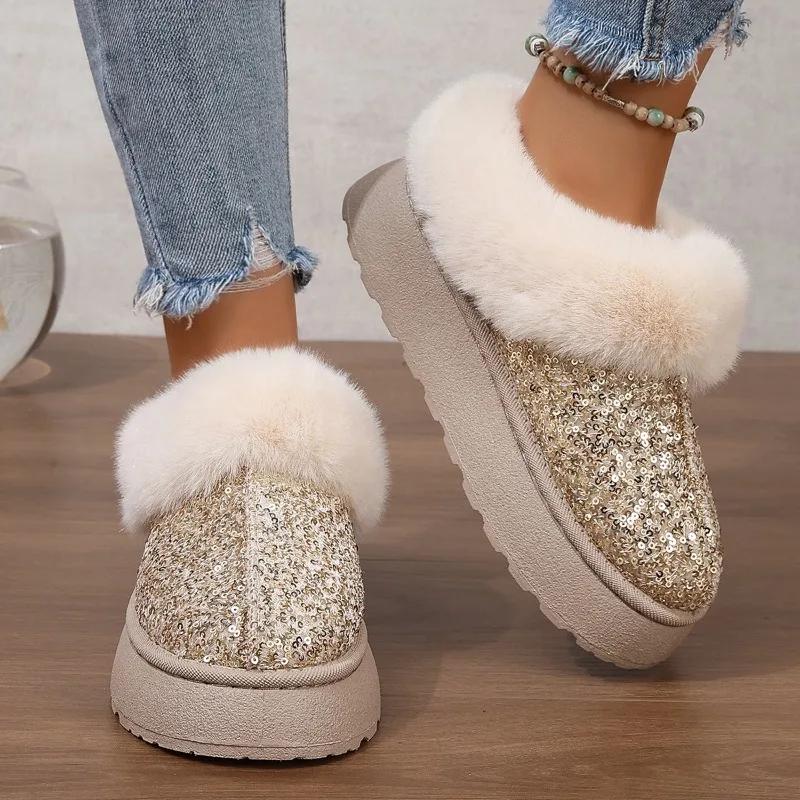 Large Size Snow Boots Women's Winter New Fashion Sequined Thick Soled Cotton Shoes with Plush Insulation and Anti Slip Snow Boot