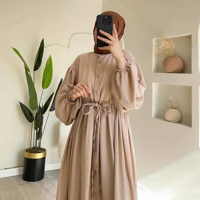 Vestido Largo de Otoño para Mujer Estilo Hepburn Corte A con Cinturón y Cuello Redondo