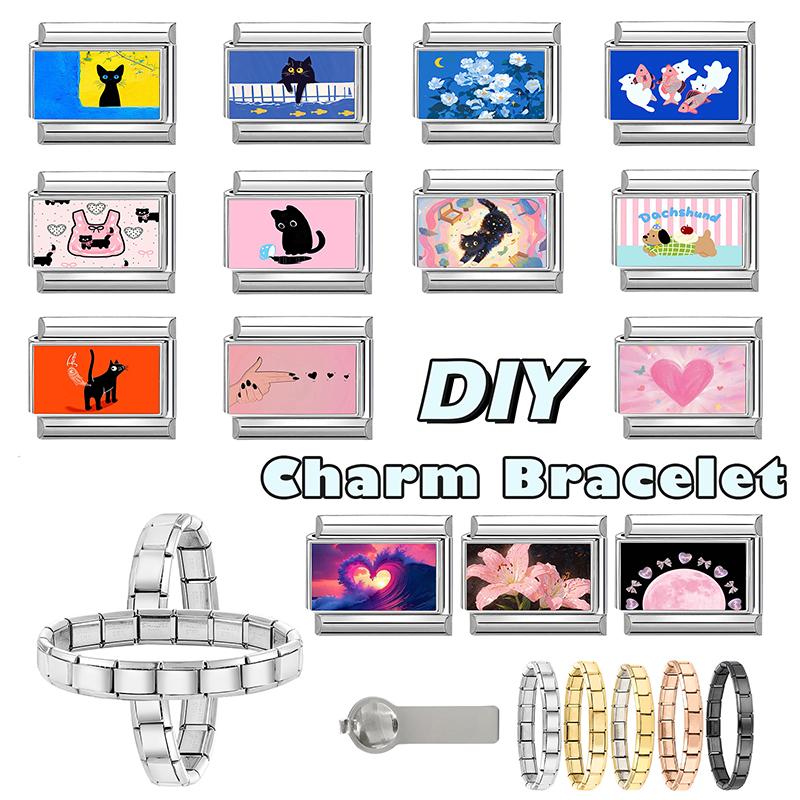 Lovely Cat Dog Elephant Animals Pink Love Italian Charm Fit 9mm Stainless Steel Module Fashion Girls' Bracelet Making Jewelry
