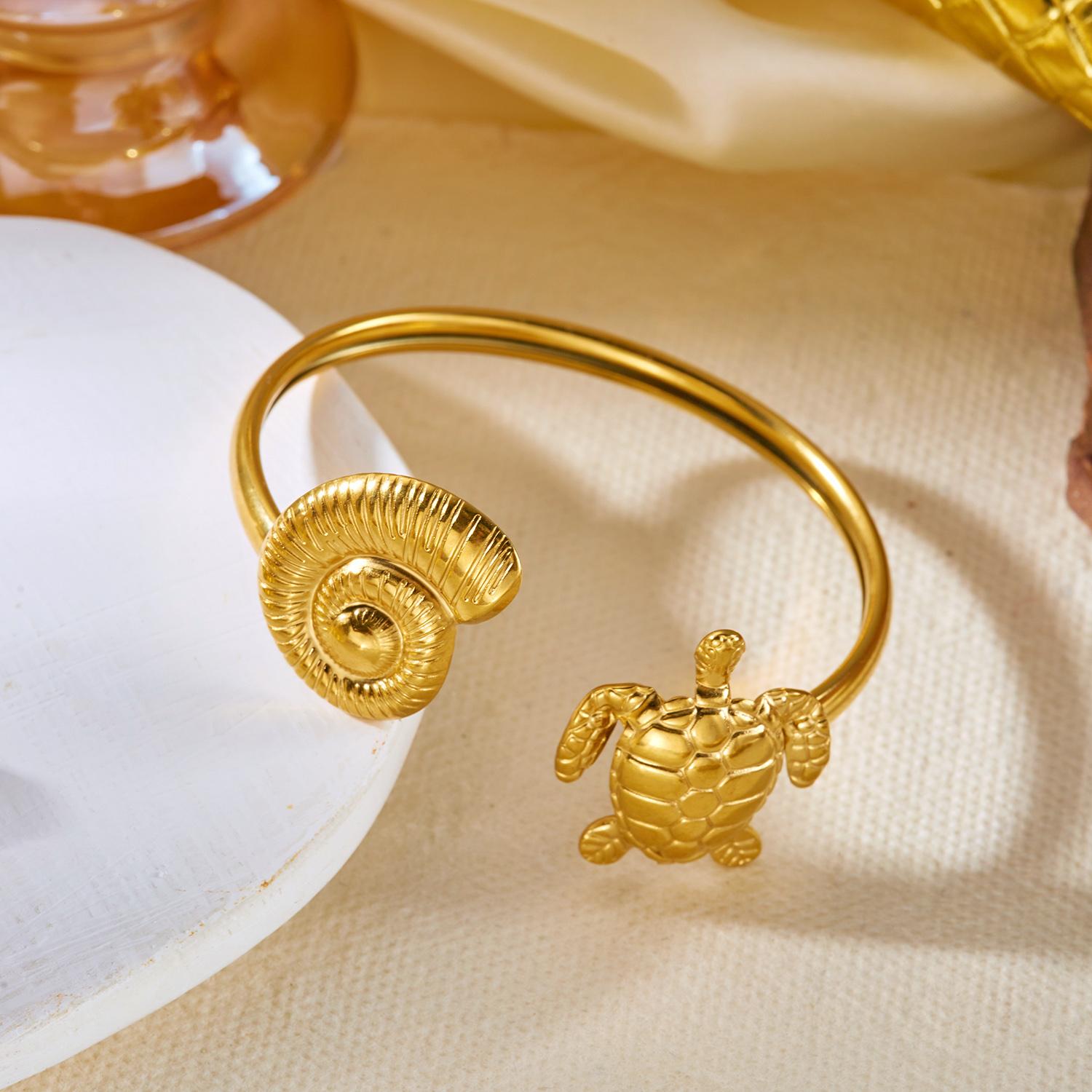 

Bohemian Sea Turtle Starfish Gold Plated Cuff Bracelet for Women Dainty Conch Stainless Steel Open Bangle Beach Jewelry Gift