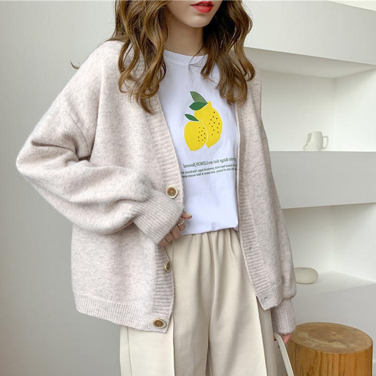 Spring and Autumn Women's Sweater Cardigan Loose Long Sleeve Sweater Tops V-Neck Knit Cardigan