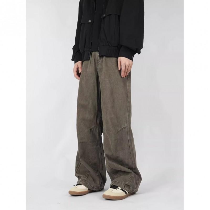 Men Women Straight Fit Cargo Jeans Brown Patchwork Vintage Washed Denim Pants Streetwear Casual Trousers
