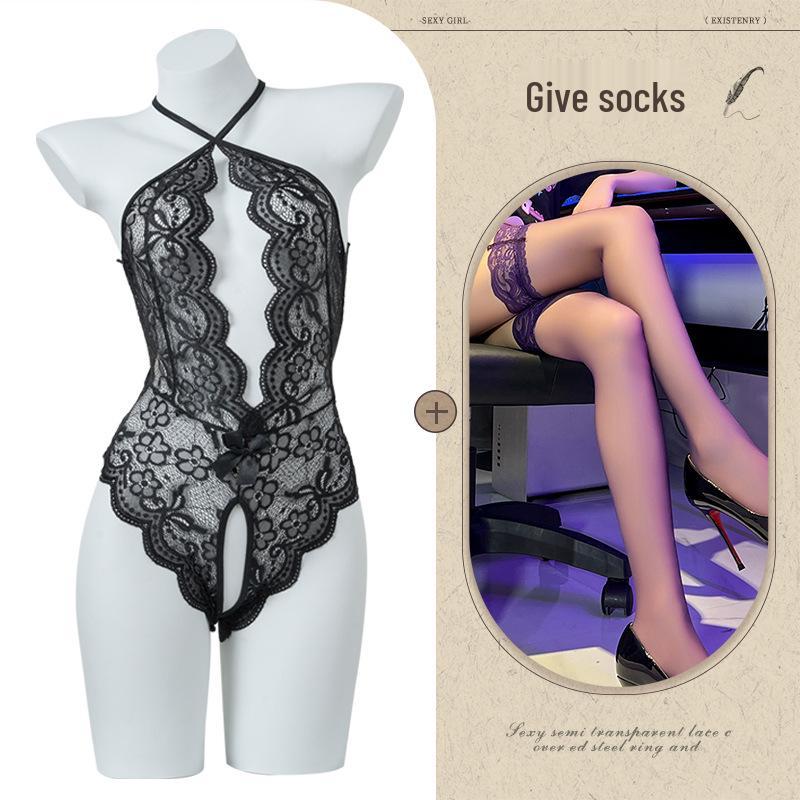 Women's Open Crotch See-Through Lace Bodysuit with Pearl Detail
