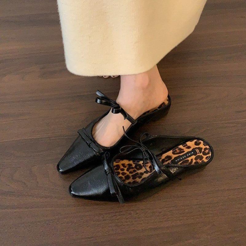 Flats Women Slippers Pointed Toe Bow Shallow Mules Shoes 2025 Summer Designer Walking Soft Slides Party Dress Female