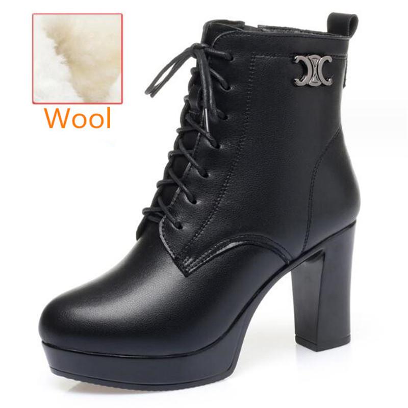 Women Genuine Leather Ankle Boots 2025 Autumn Winter Thick Wool Comfortable Thick High Heels Women Snow Boots Platform Shoes