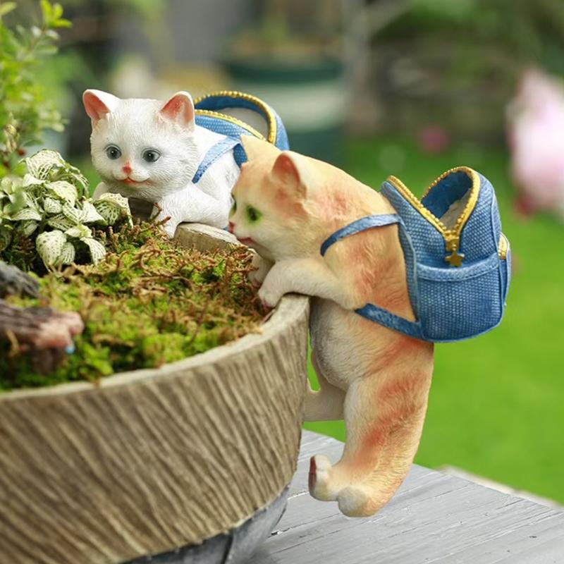 Resin Animal Statue Aquarium Accessories Fish Tanks Decorations Home Decors Hanging Cats Figurines with Storage Basket