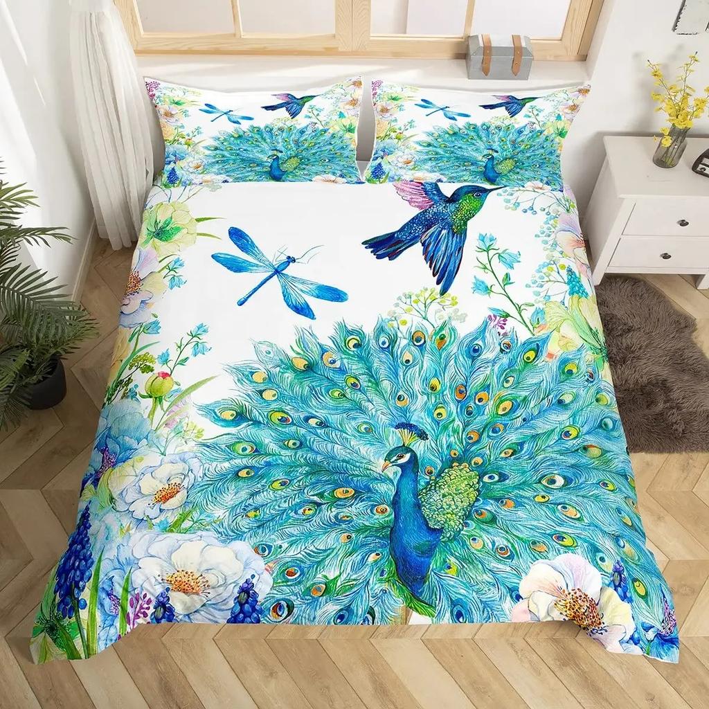 Peacock Comforter Cover Bohemian Duvet Cover Set Exotic Birds Animals Bedding Set Feather Floral Fresh Natural Bedspreads Cover