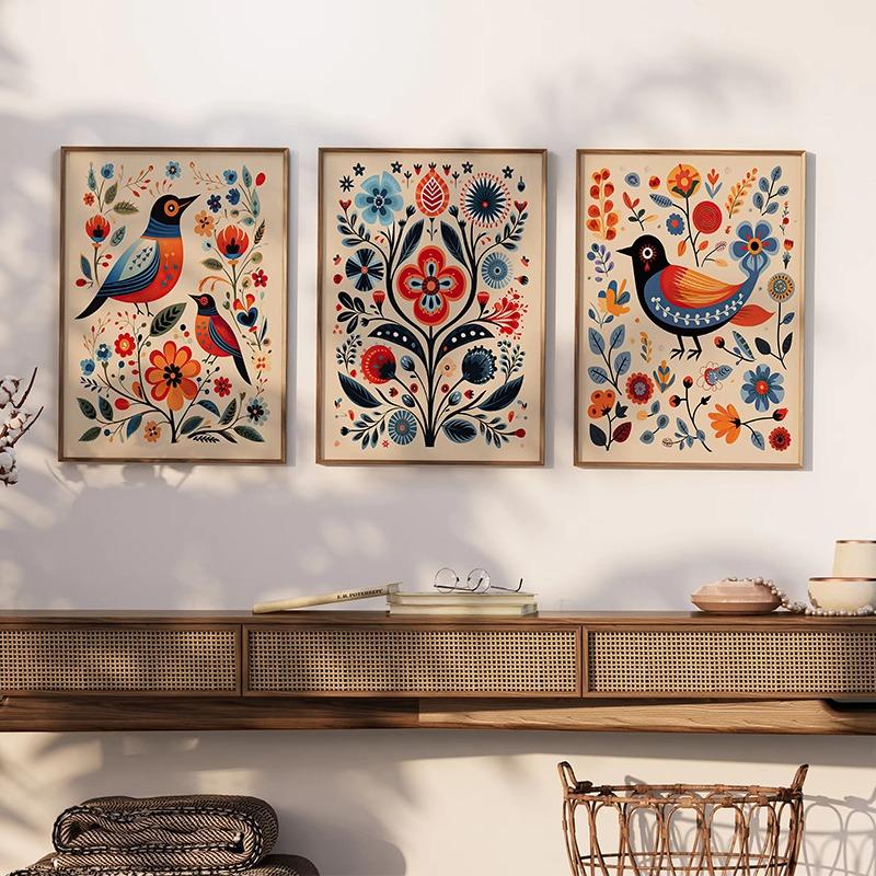Norweska Sztuka Ludowa Kwiatowy Ptak Plakat Nordic Print Abstrakcyjny Obraz na Płótnie Skandynawska Sztuka Ścienna Obraz Salon Dekoracja Domu