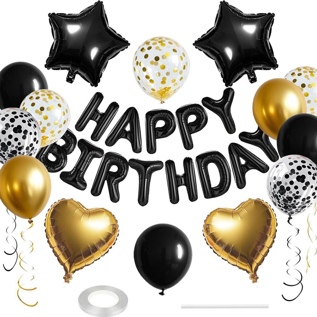 Black Gold Happy Birthday Decorations Balloon Kit with Banner Foil Heart and Star Valentine's Day Wedding Party Balloons