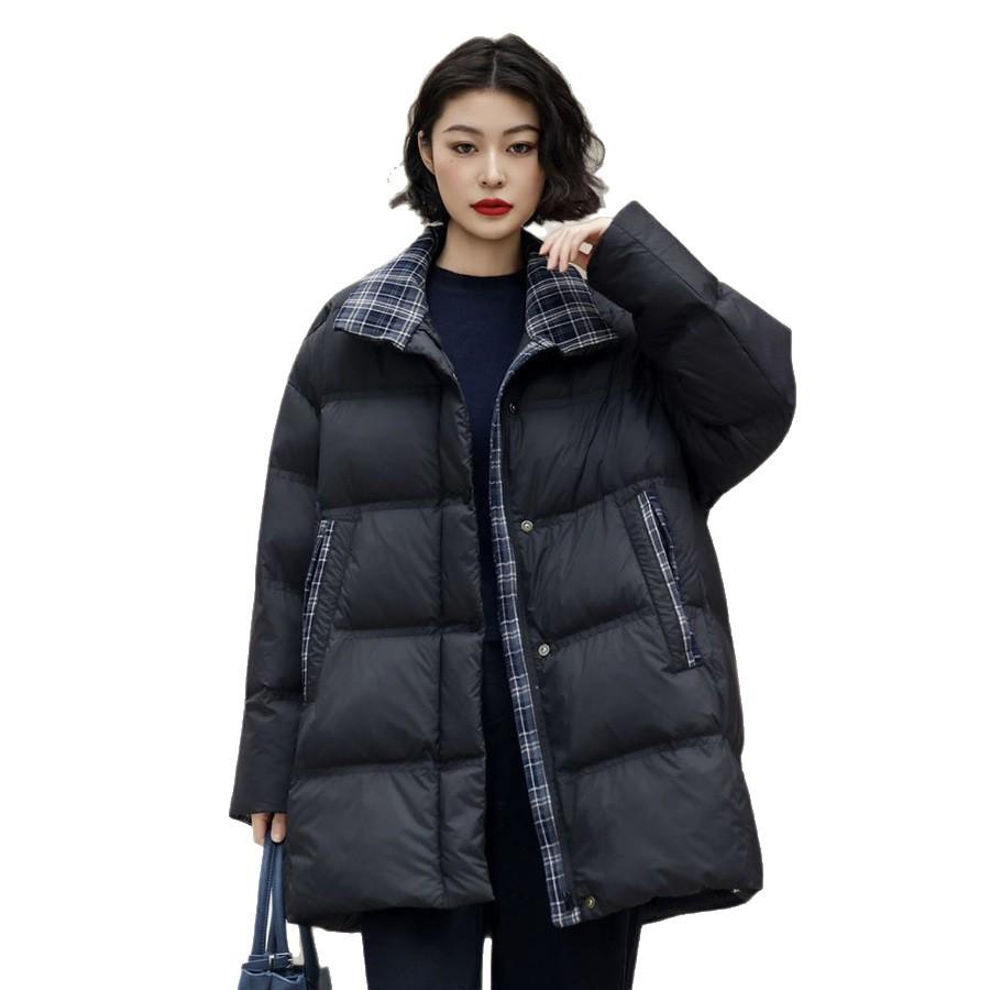 Autumn and winter new fashion stand-up collar plaid splicing medium and long down jacket women's turn-sleeved warm jacket tide