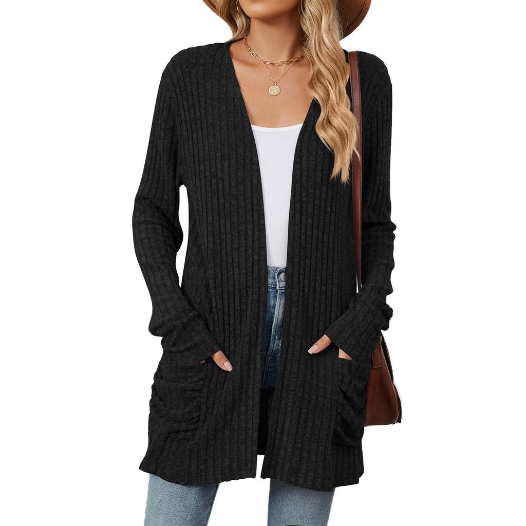 Autumn and Winter New Ladies Knitted Pockets Long-sleeved Casual Cardigan Jacket Long Cardigan Women Tops Kawaii Sweater
