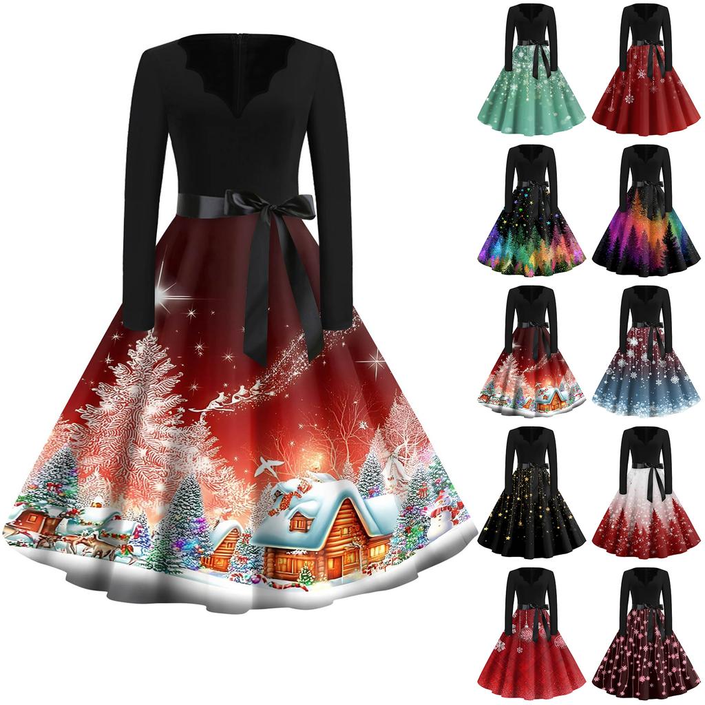 Women's Fashion V-Neck Relaxed-Fit Christmas Print Long-Sleeved Dress