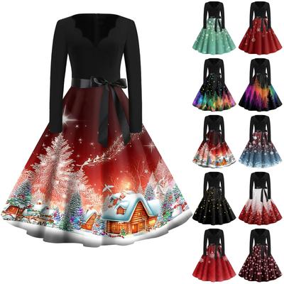 Vestido de Moda para Mujer con Cuello en V, Corte Relajado y Estampado Navideño de Manga Larga