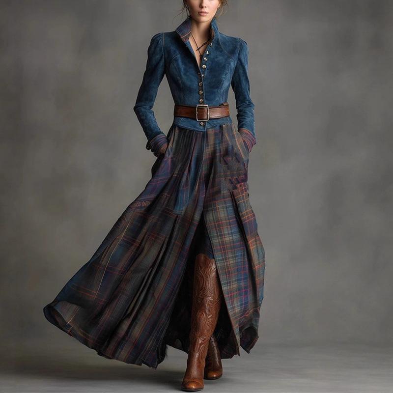 2025 Autumn/Winter Green Velvet Patchwork Long Sleeve Women's Striped Maxi Dress