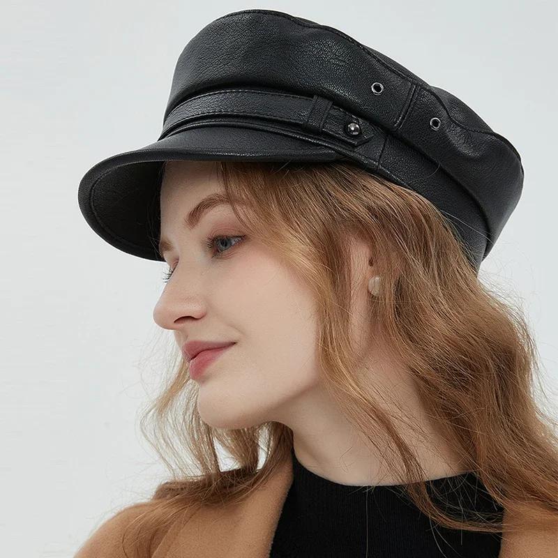 100% Sheepskin Military Hat - XXL Genuine Leather Flat Top Cap for Men/Women, Vintage Rock Style Unisex Headwearoll Captain Hat
