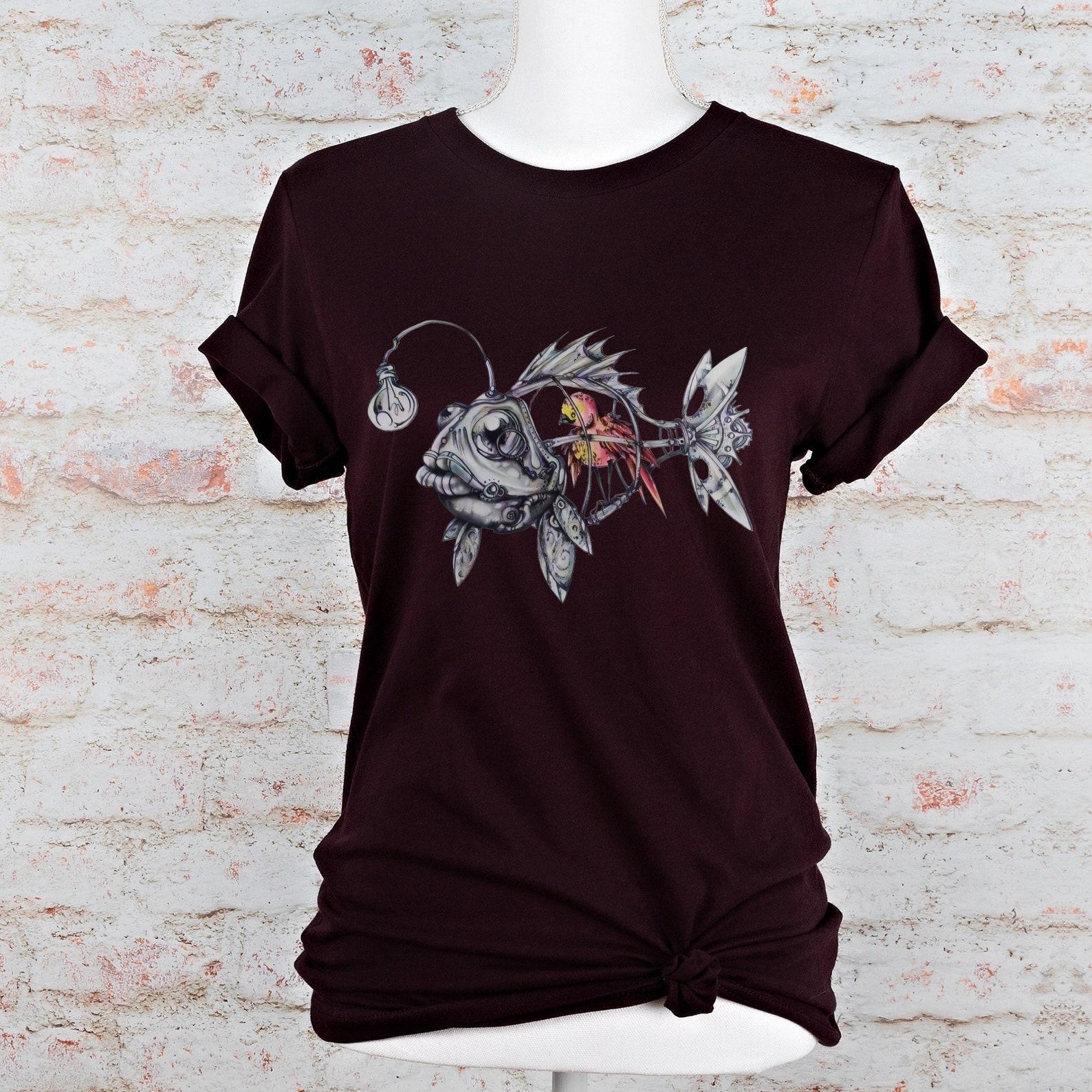 Steampunk Anglerfish Bird Shirt | Gothic Fantasy Mechanical Fish Graphic Tee S