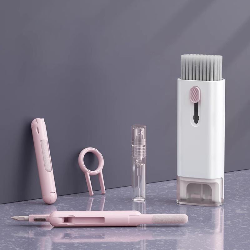 

7 в 1 набор щеток для чистки клавиатуры компьютера, очистка экрана, многофункциональные инструменты для чистки чехла гарнитуры, распылитель для очистки пепла розовый