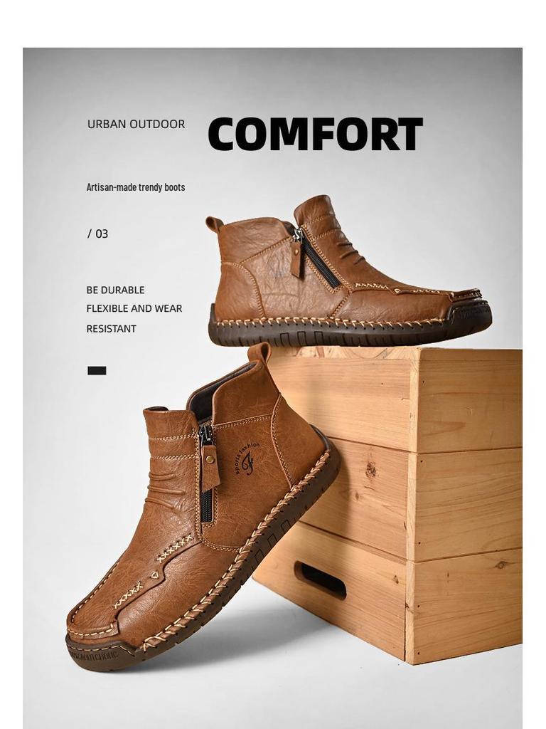 Herren Herbst/Winter Britischer Stil Warme Leder Martin Stiefel - Übergröße High-Top Kurze Stiefel mit Samtfutter