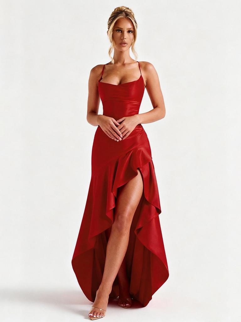 Elegant Satin Ruffle Hem Spaghetti Strap Dress - European & American Style