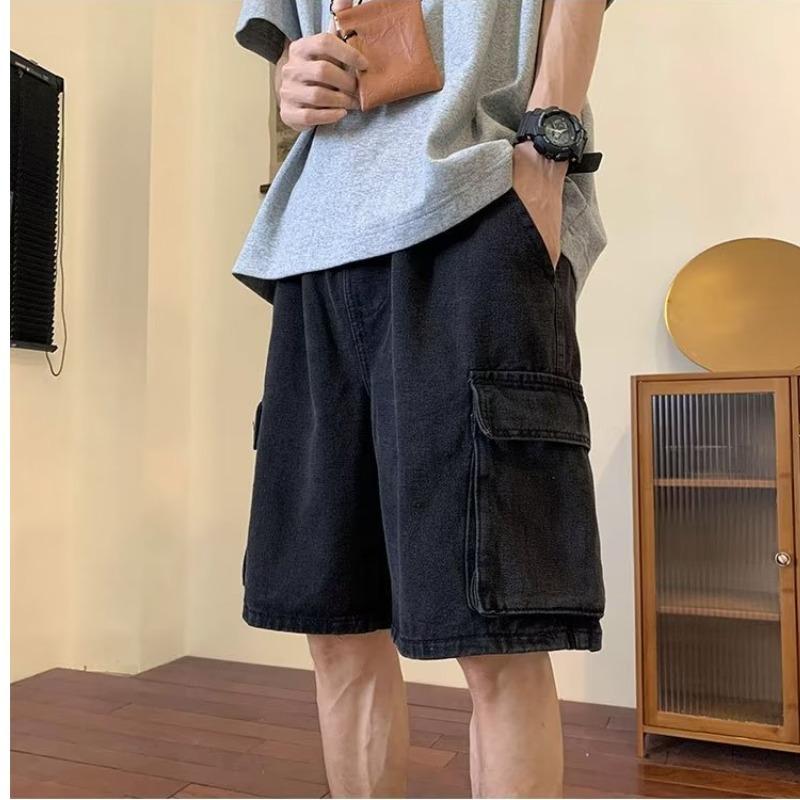 Blue Denim Shorts Men's Summer Thin Tooling Hong Kong Style Loose Big Pocket Washed Five-point Casual Pants
