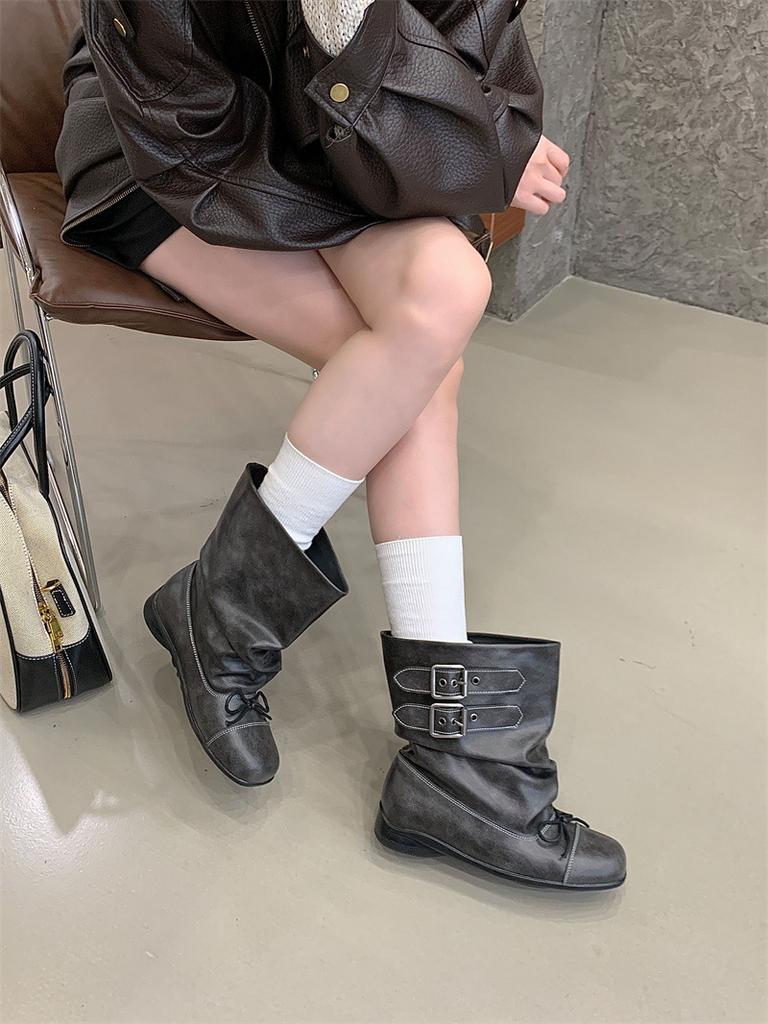 New bow short boots women's ballet style retro old short tube pleated black boots women's original
