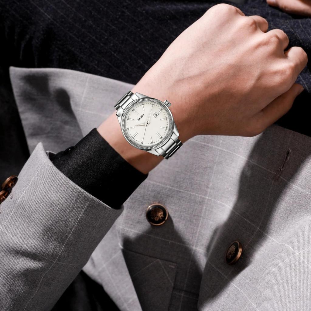 BUREI Analog Quartz Simple Date Stainless Popular Day Luxury Watch Men's Watch, Design, Display, Waterproof, Easy-to-Read Steel, Brand, Silver,