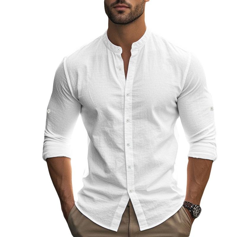Men S Hawaiian Style Cotton Linen Blend Stand Collar Long Sleeve Casual Shirt