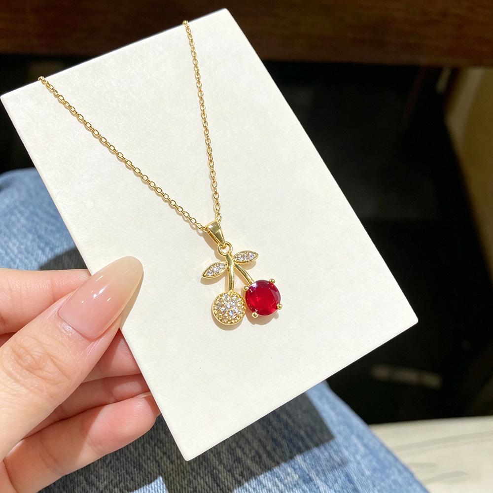 Chic Cherry Red Zircon Clavicle Necklace - Elegant Titanium Steel Jewelry for Women