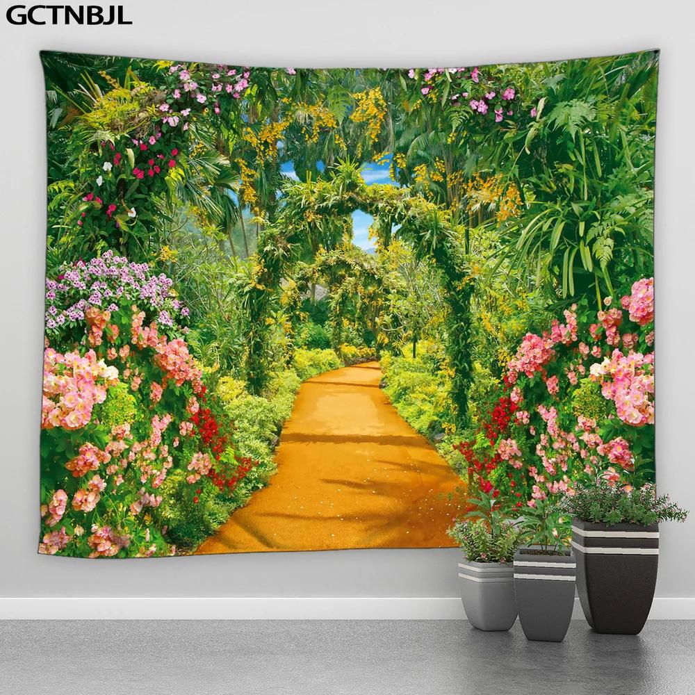 Landscape Tapestry Flowers Plant Retro Style Old Door Rural Scenery Wall Hanging Big Tapestries Bedroom Background Decor Blanket