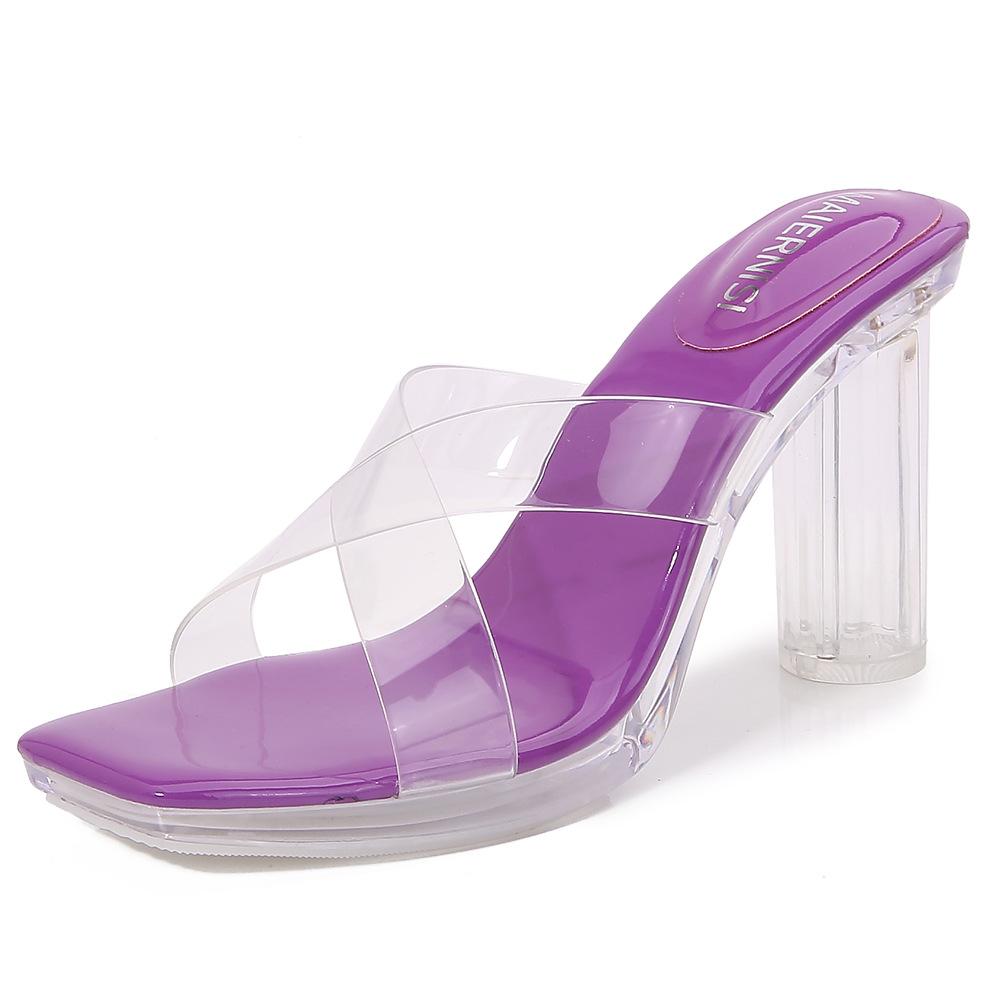 

Летние женские сандалии на ветру, уличные тапочки, удобные и простые, с темпераментом, хрустальный толстый каблук, перекрещенные прозрачные высокие каблуки 43 фиолетовый