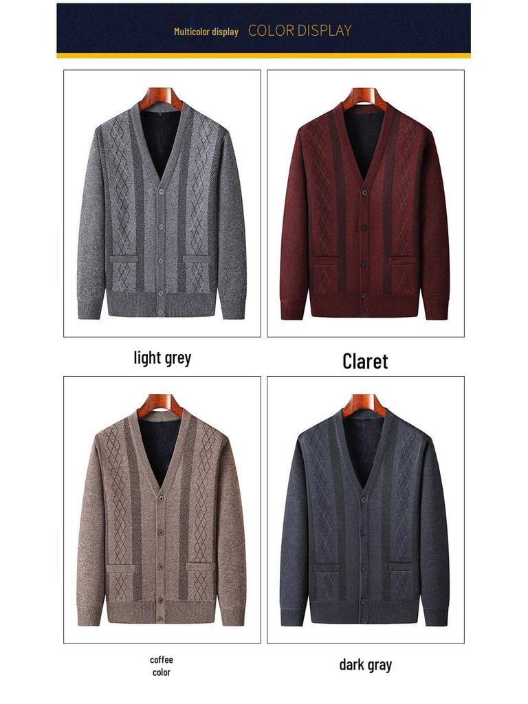 Men's Autumn-Winter Knit Cardigan: Thickened Velvet Sweater for Middle-aged and Elderly Dads and Grandpas.