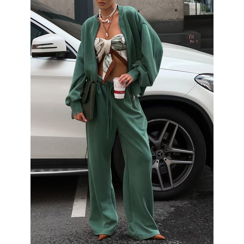 Fashion Wind Long-Sleeve Zipper Loose Sweater High Waist Straight Pants Suit Loose Top and Pants Set