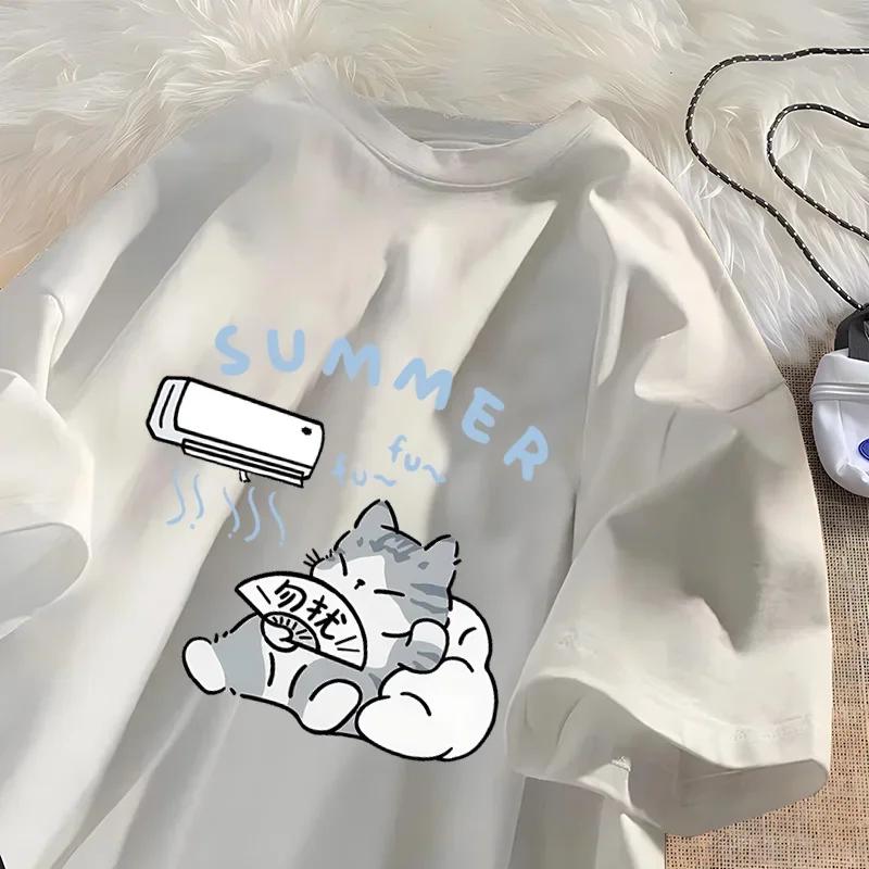 Summer Cat T Shirt for Men Women American Street Creative Funny Air Conditioner Cat T-shirts Cotton O Neck Tee Shirt Streetwear