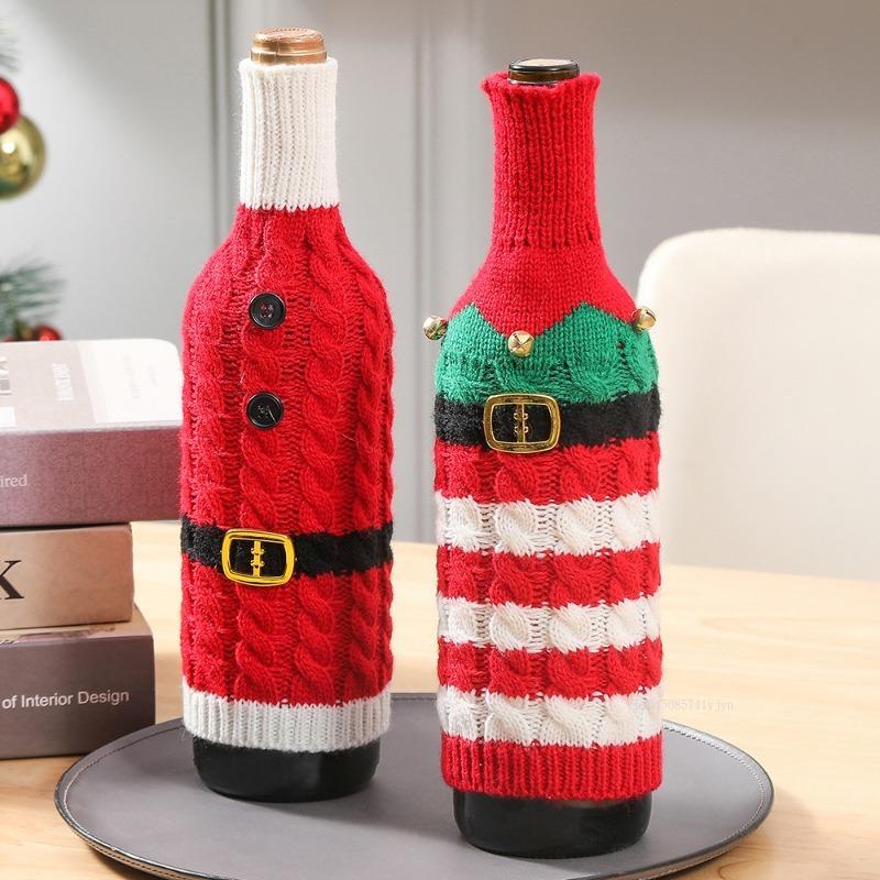 2026 New Wine Bottle Cover Christmas Knit Wine Bottle Decoration Striped Knitting Kitchen Restaurant Creative Wine Bottle Dress