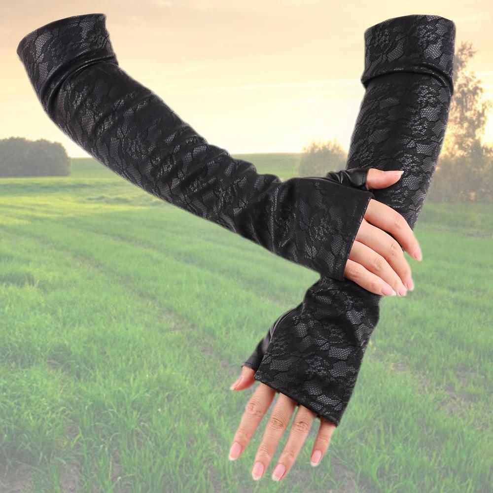 New Extended Fashion Gloves Lace Long Half Finger Etiquette Dance Party Nightclub Performance Leather Gloves