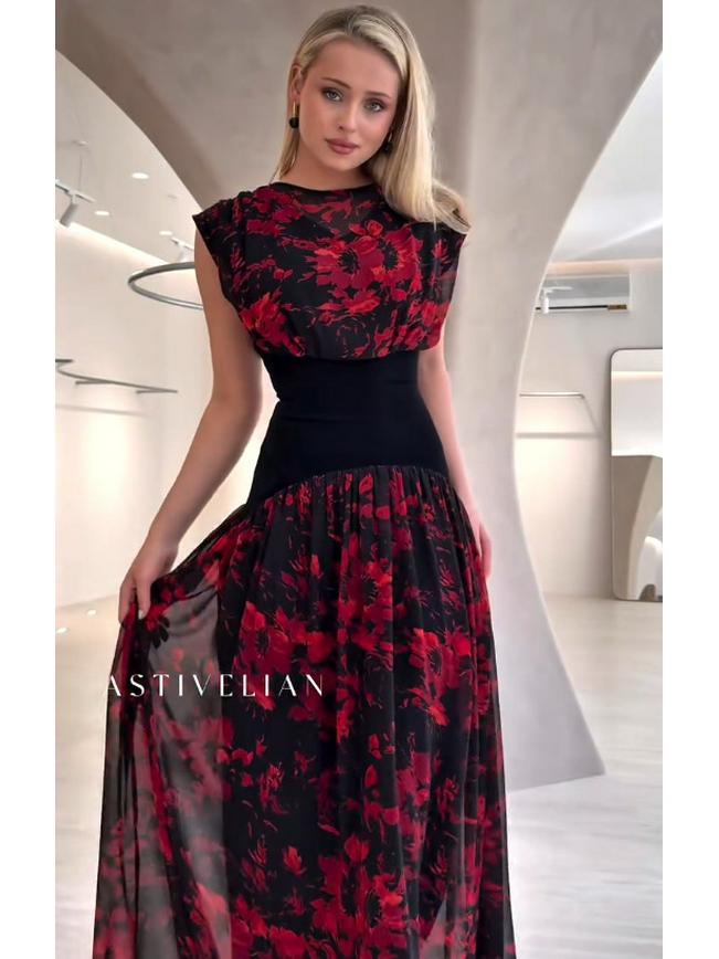 

Платье с ретро-принтом розы - европейско-американский тренд 2025 XL темно-красного