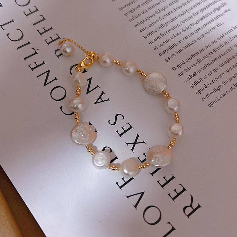 Fashion Simple Freshwater Pearl 14K Gold Plated Beaded Geometric Women's Trendy Party Bracelet HUIXUN