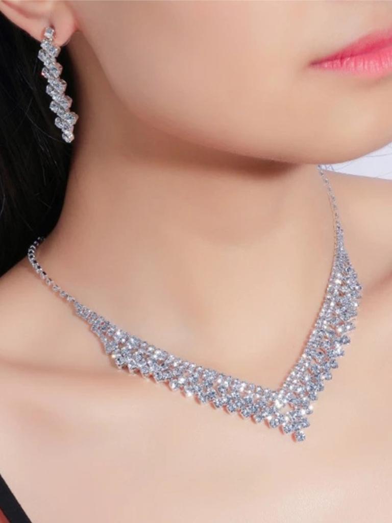 3-teiliges Damen-Minimalistisch-Leicht-Luxus-Zirkon-Set, Geometrische Kegel-Strass-Halskette, Ohrringe, Bankett-Hochzeitskleid-Accessoires