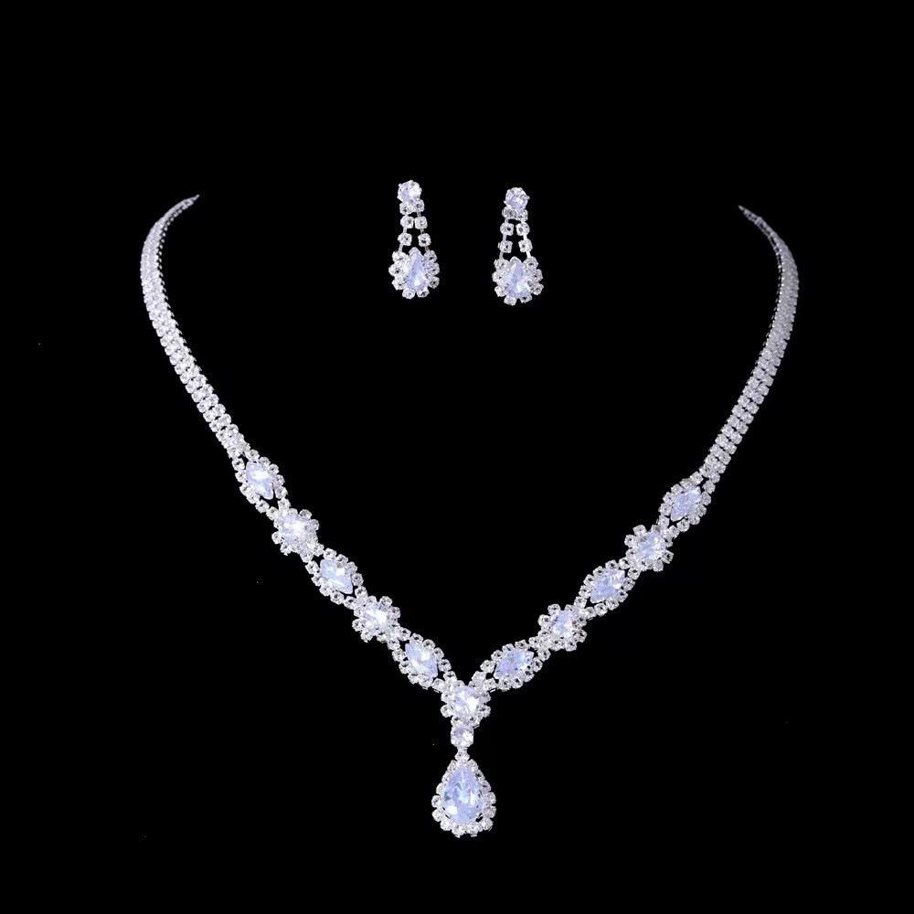 Elegant Zircon Rhinestone Cross Necklace & Water Drop Earring Set - Exquisite European & American Style Jewelry серебряный