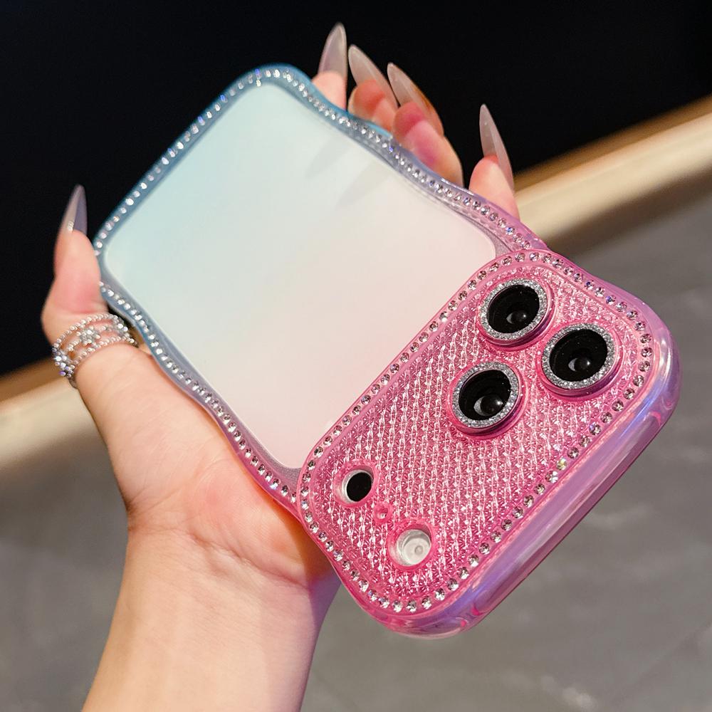 KEYSION Rhinestone Phone Case for iPhone 13 14 15 16 17 Pro Max 17 Air 16 Plus Transparent Wavy Lens Protector Shockproof Back Cover