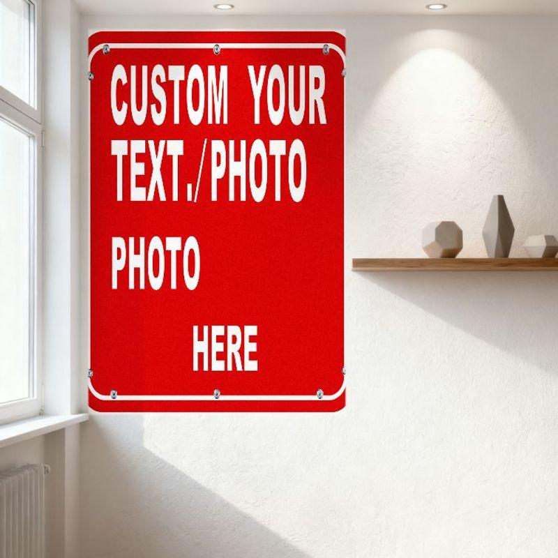 Customizable Photo Text Red Metal Sign with White Border - 4-Line Template for Home Office Wall Decor Metal Tin Sign
