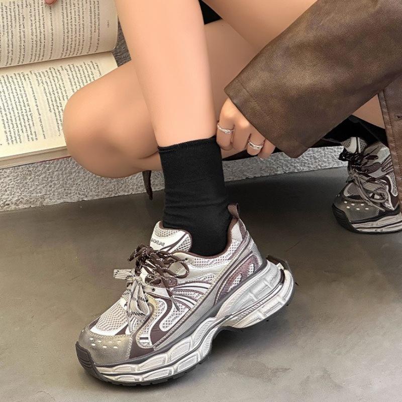 Leather dad shoes women's thick soles increase in height, small people show long legs, sports shoes 2025 spring breathable casual jogging shoes