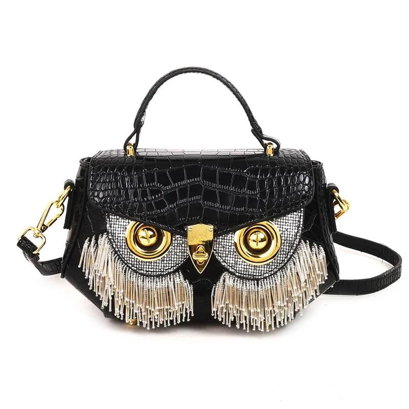 

New Unique Owl Light Luxury Single Shoulder Bags Tassel Color Diamond Small Square Bag Hot Sale Sweet Trendy PU Crossbody Bag