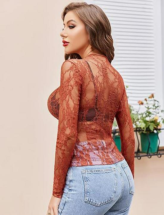 2024 Women's Long Sleeve Stand Collar Floral Lace Top - Transparent See-through Design