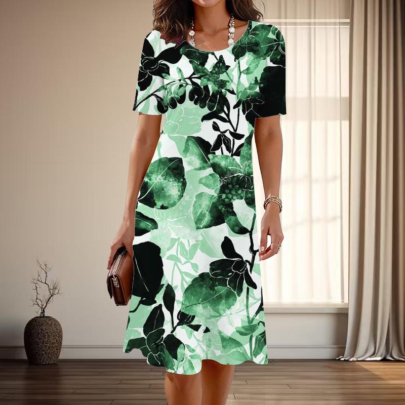 Women's Fashion Graceful Leaf Print Summer Spring Short Sleeve O-Neck Casual Dresses